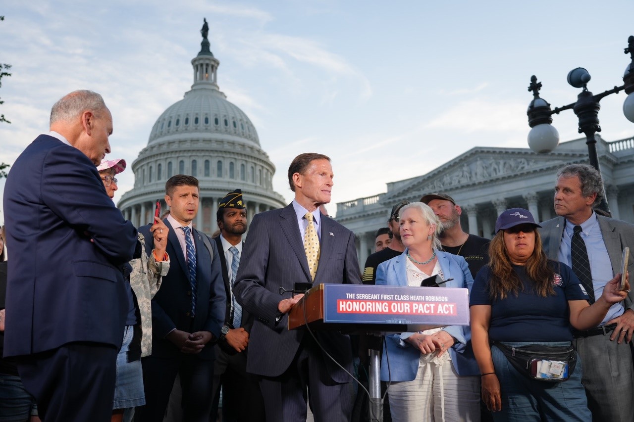 U.S. Senator Richard Blumenthal (D-CT), a member of the Senate Veterans’ Affairs Committee, celebrated after the Senate once again passed comprehensive legislation to deliver multiple generations of veterans exposed to dangerous toxins access to healthcare and benefits under the Department of Veterans Affairs (VA) for the first time in the nation’s history.